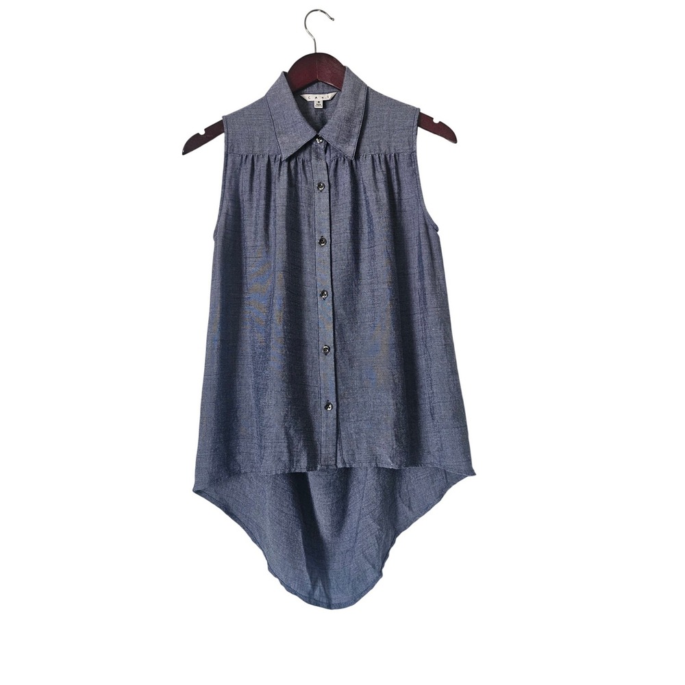 Cabi Blue Chambray High Low Button Front Sleeveless Blouse Size S Boho Open Back